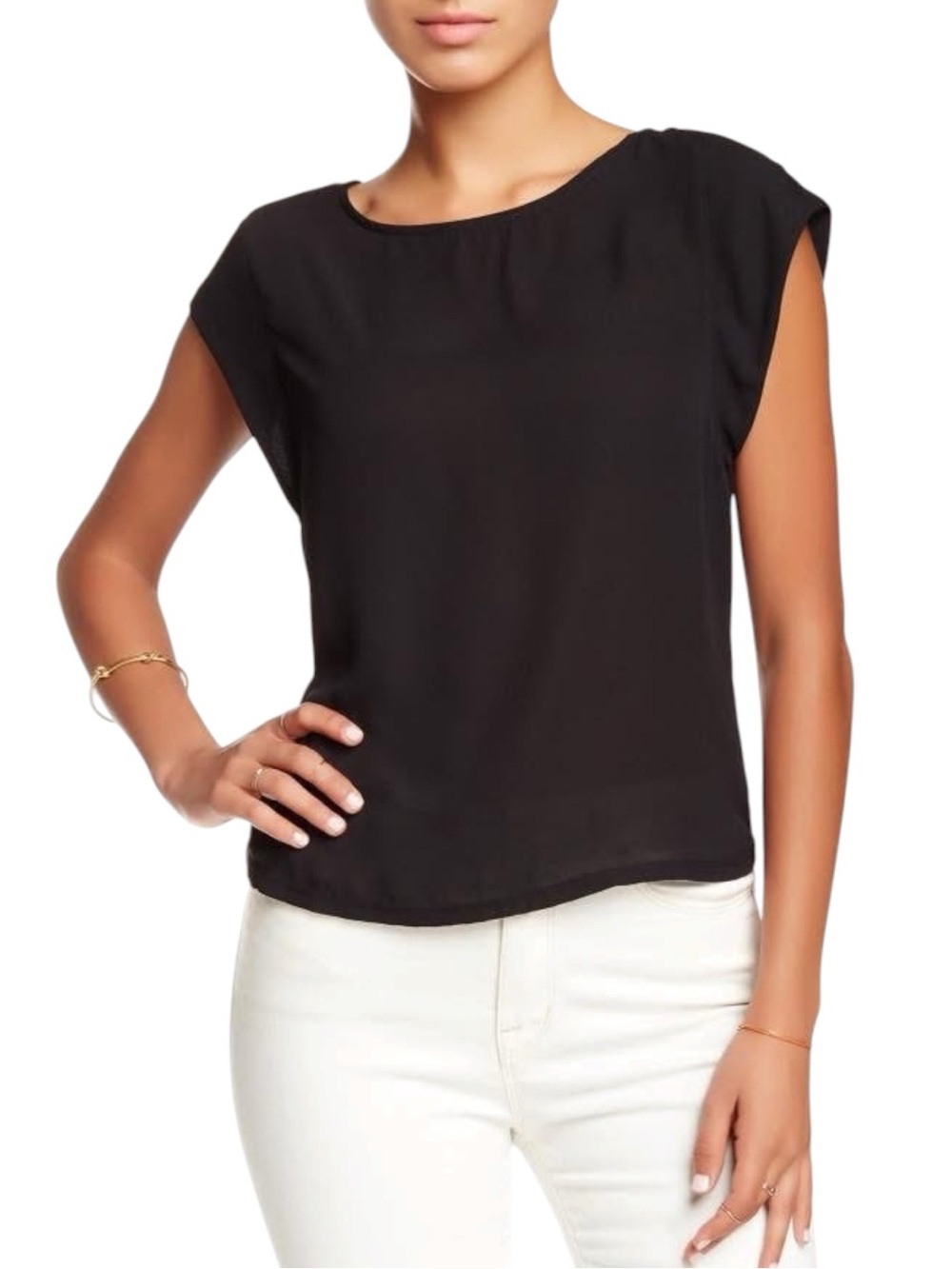 NWT Harlowe & Graham Black Cap Sleeve Zipper Back Woven Blouse—Size MP